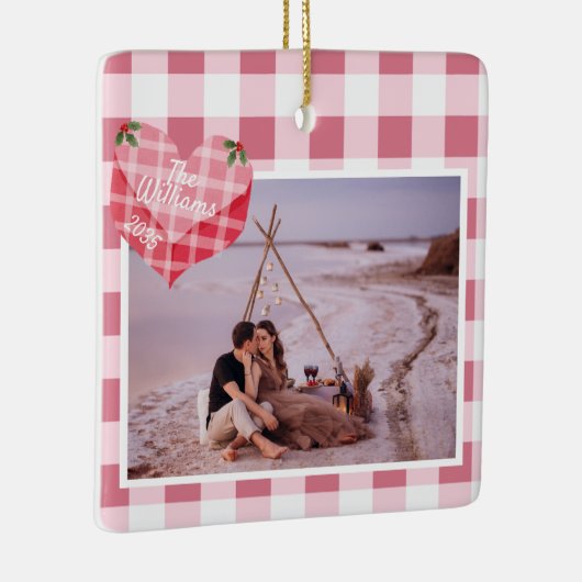 Schattigee Roze Hart Gingham Custom Foto Kerstmis Keramisch Ornament (Rechts)