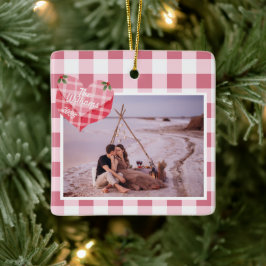 Schattigee Roze Hart Gingham Custom Foto Kerstmis Keramisch Ornament