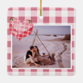 Schattigee Roze Hart Gingham Custom Foto Kerstmis Keramisch Ornament (Achterkant)