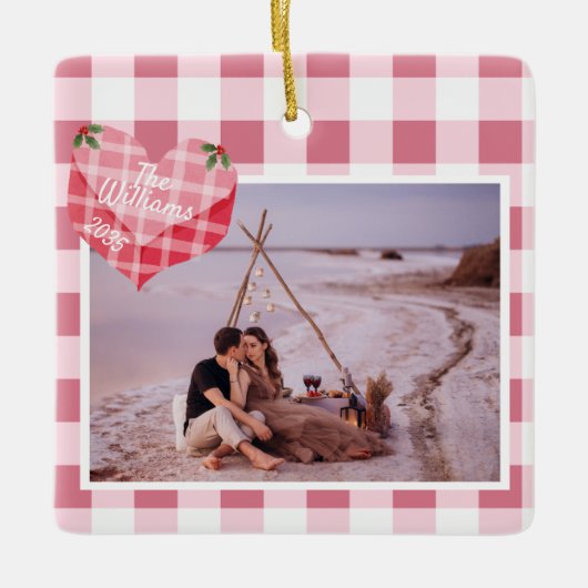 Schattigee Roze Hart Gingham Custom Foto Kerstmis Keramisch Ornament