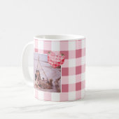 Schattigee Roze Hart Gingham Custom Foto Kerstmis Koffiemok (Voorkant links)