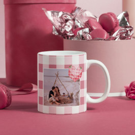 Schattigee Roze Hart Gingham Custom Foto Kerstmis Koffiemok