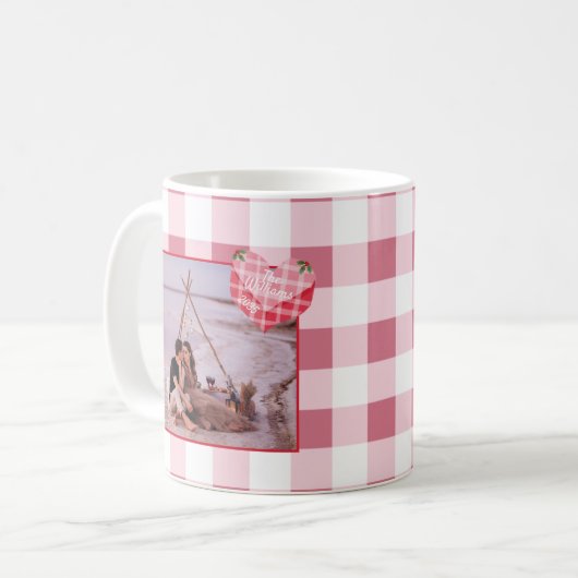 Schattigee Roze Hart Gingham Custom Foto Kerstmis Koffiemok (Voorkant links)