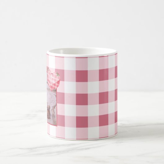 Schattigee Roze Hart Gingham Custom Foto Kerstmis Koffiemok (Center)