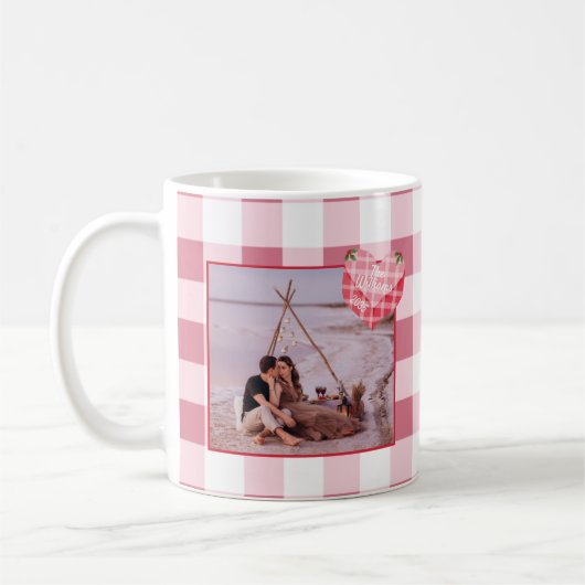 Schattigee Roze Hart Gingham Custom Foto Kerstmis Koffiemok (Links)