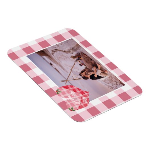 Schattigee Roze Hart Gingham Custom Foto Kerstmis Magneet (Rechterzijde)