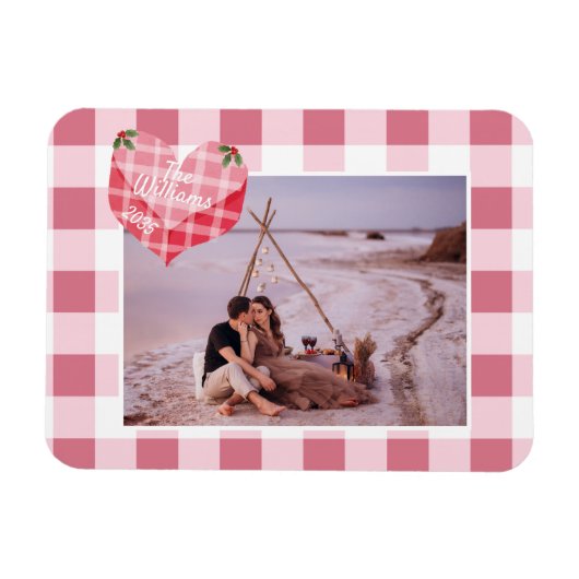 Schattigee Roze Hart Gingham Custom Foto Kerstmis Magneet (Horizontaal)