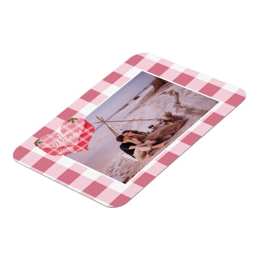Schattigee Roze Hart Gingham Custom Foto Kerstmis Magneet (Linkerzijde)
