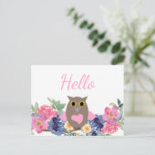 Schattigee roze hart uil bloemige Waterverf Hallo Briefkaart (Staand voorkant)
