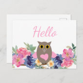 Schattigee roze hart uil bloemige Waterverf Hallo Briefkaart (Voorkant / Achterkant)