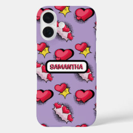 Schattigee roze harten gepersonaliseerde naam iPhone 16 hoesje