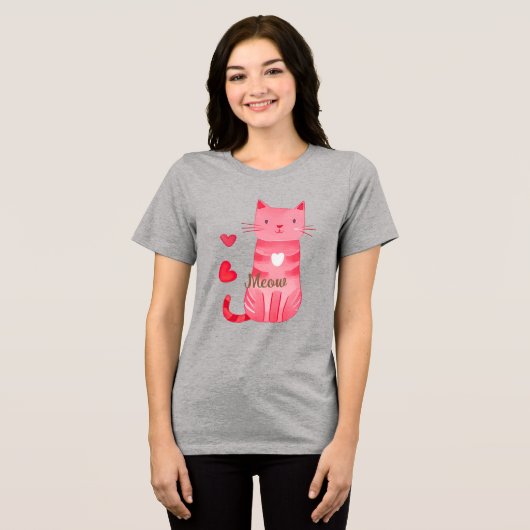 Schattigee Roze Harten Miauw Cat Tri-Blend Shirt (Voorkant volledig)