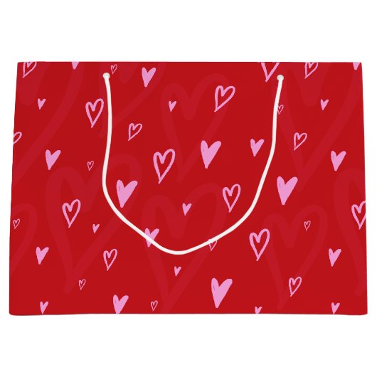 Schattigee Roze harten op rode achtergrond Groot Cadeauzakje (Voorkant)