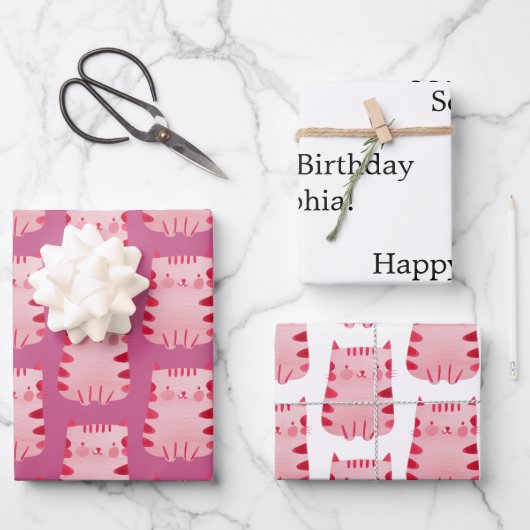 Schattigee roze kat Happy Birthday gepersonaliseer Inpakpapier Vel (Voorkant)