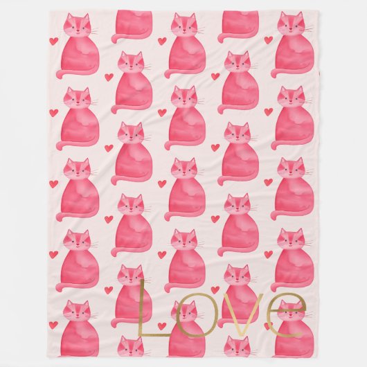 Schattigee Roze Kat Hart Gouden Liefde Fleece Deken (Voorkant)