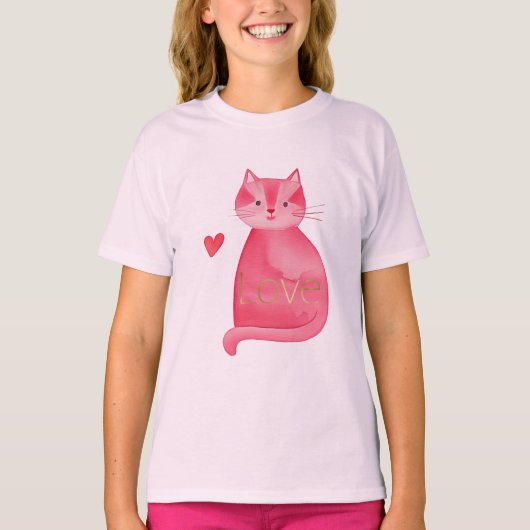 Schattigee Roze Kat Hart Gouden Liefde T-shirt (Voorkant)