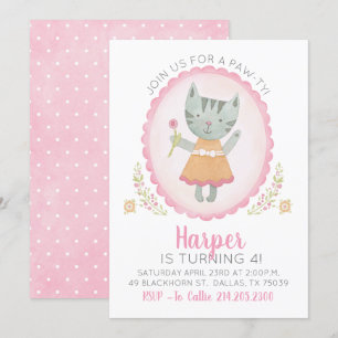 Schattigee roze kat kat meisje verjaardagsuitnodig kaart