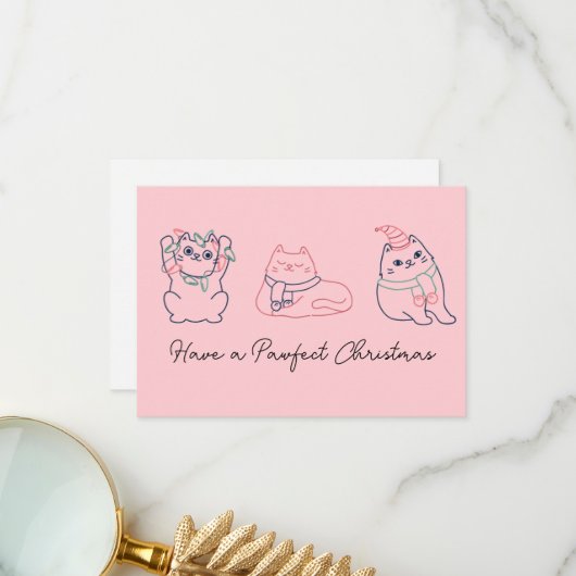 Schattigee Roze Kat Kerstmis Dank u Bedankkaart (Voorkant / Achterkant in situ)