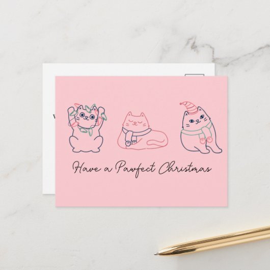 Schattigee Roze Kat Kerstmis Dank u Briefkaart (Voorkant / Achterkant in situ)