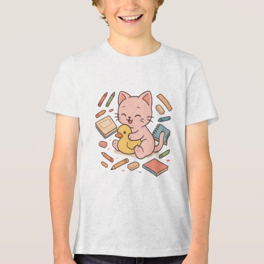 Schattigee Roze Kat met Rubber Duck Art Tri-Blend Shirt (Voorkant)