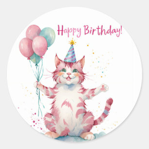 Schattigee Roze Kat Verjaardagstaart - Verjaardag Ronde Sticker