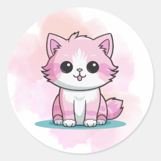 Schattigee Roze Kat Waterverf Cartoon Kitten Dier Ronde Sticker