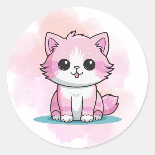 Schattigee Roze Kat Waterverf Cartoon Kitten Dier Ronde Sticker (Voorkant)