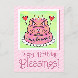 Schattigee roze kattencake Happy Birthday Blessing Briefkaart