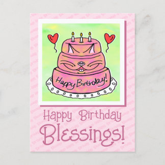 Schattigee roze kattencake Happy Birthday Blessing Briefkaart
