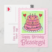 Schattigee roze kattencake Happy Birthday Blessing Briefkaart (Voorkant / Achterkant)