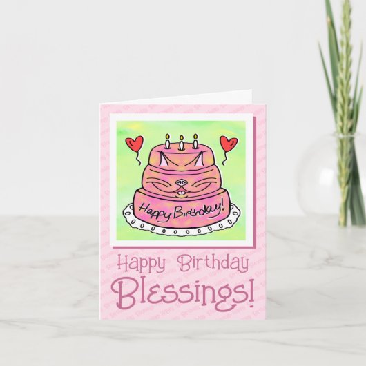Schattigee roze kattencake Happy Birthday Blessing Kaart (Voorkant)