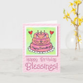 Schattigee roze kattencake Happy Birthday Blessing Kaart (Gele Bloem)