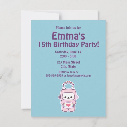 Schattigee Roze Kattenrobot Verjaardagsfeestje Uit Kaart (Achterkant)