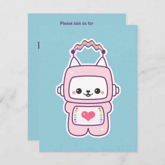 Schattigee Roze Kattenrobot Verjaardagsfeestje Uit Kaart (Voorkant / Achterkant)