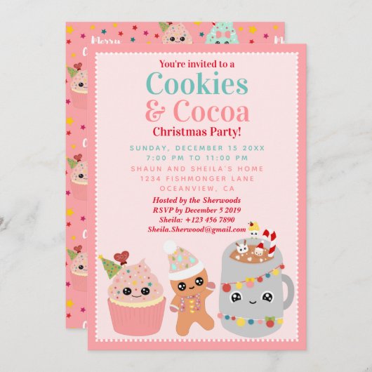 Schattigee Roze Kawaii Cookies en Cocoa Christmas Kaart (Voorkant / Achterkant)