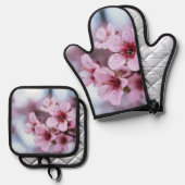 Schattigee roze kersenbloesem bloei ovenwant & pannenlap set (Voorkant / Achterkant)