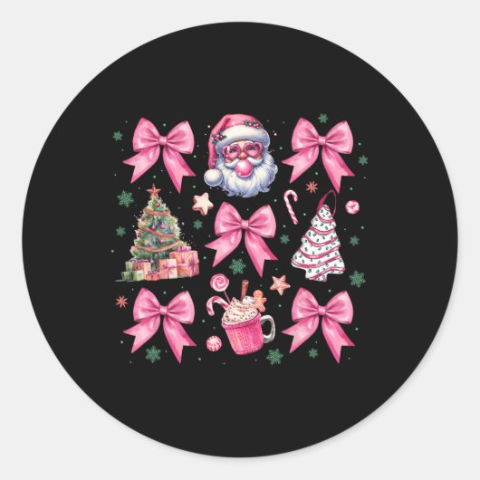 Schattigee Roze Kerst Coquette Bow Santa Hot Cocoa Ronde Sticker (Voorkant)