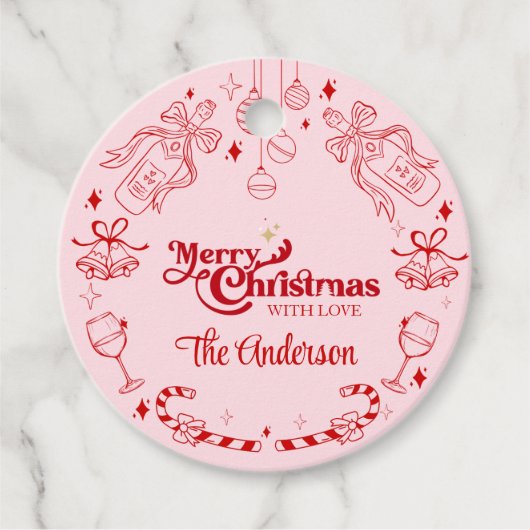 Schattigee roze kerst doodle aangepaste familienaa bedankjes labels (Voorkant)