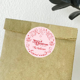 Schattigee roze kerst doodle aangepaste familienaa ronde sticker