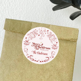 Schattigee roze kerst doodle aangepaste familienaa ronde sticker