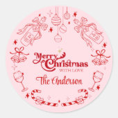 Schattigee roze kerst doodle aangepaste familienaa ronde sticker (Voorkant)