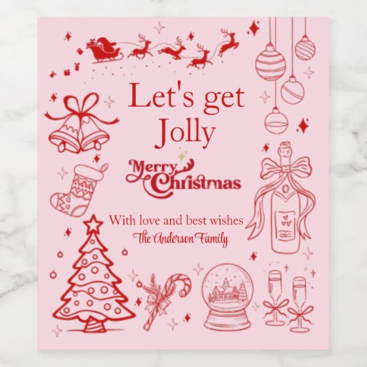 Schattigee roze kerst eigenzinnige doodle aangepas wijn etiket (Enkel label)