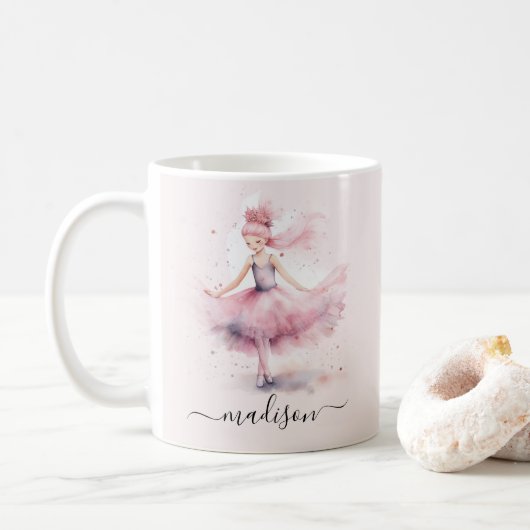 Schattigee roze kerstballerina scriptnaam koffiemok (Met donut)