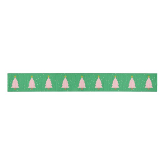 Schattigee roze kerstbomen, Golden Stars Zee Green Grosgrain Lint (Voorkant)
