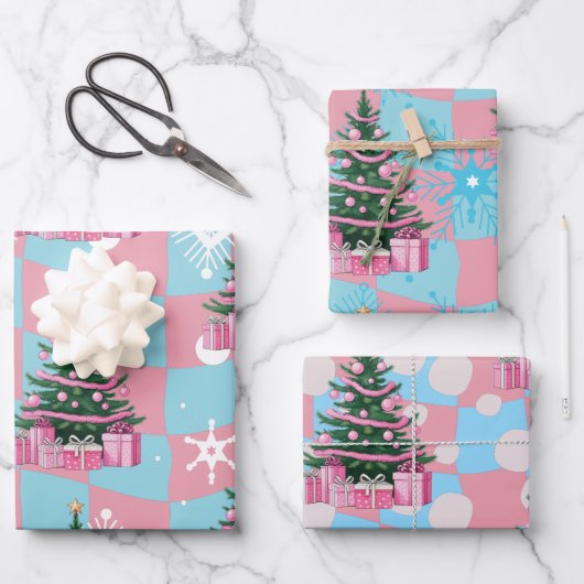 Schattigee roze kerstboom inpakpapier vel (Voorkant)