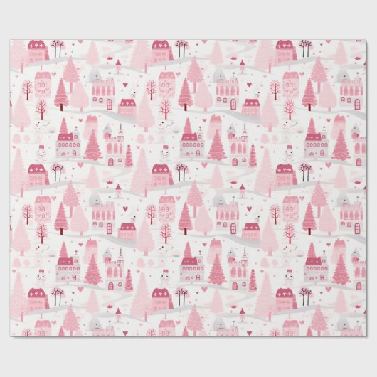 Schattigee Roze Kerstdorp Snowy Day Cadeaupapier (Vlak)
