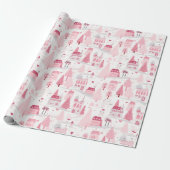 Schattigee Roze Kerstdorp Snowy Day Cadeaupapier (Uitgerold)