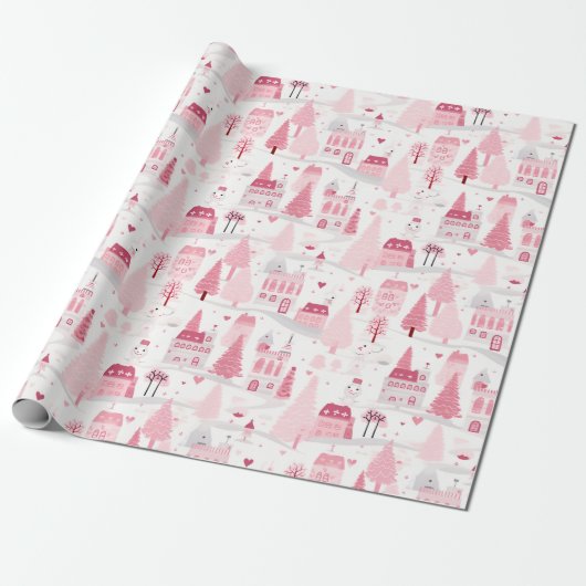 Schattigee Roze Kerstdorp Snowy Day Cadeaupapier (Uitgerold)