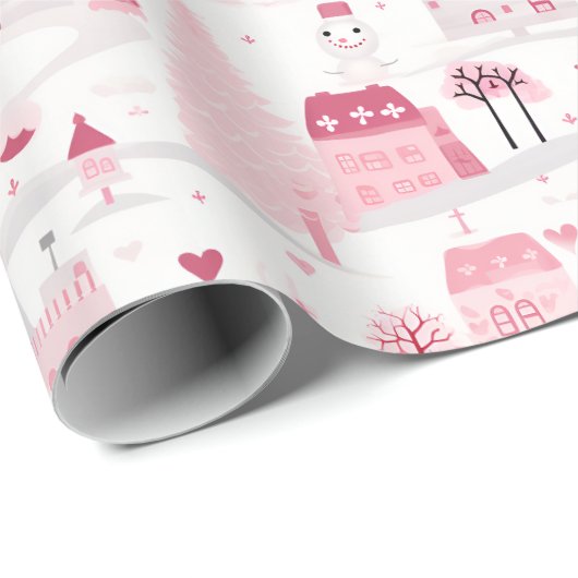 Schattigee Roze Kerstdorp Snowy Day Cadeaupapier (Rol Hoek)
