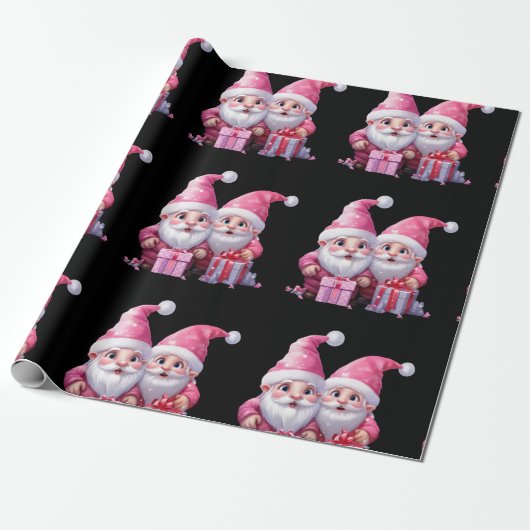 Schattigee roze kerstgnoom cadeaupapier (Uitgerold)